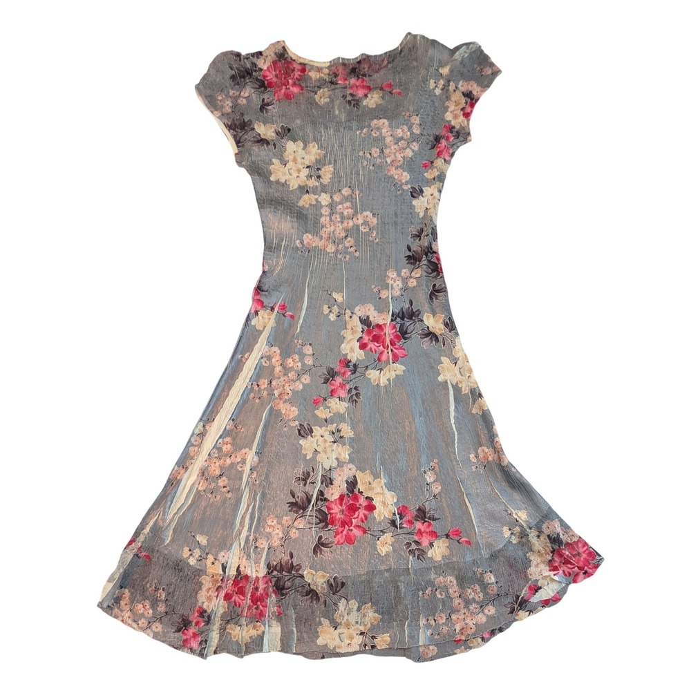 Komarov Floral Pleated Midi Dress Womens Large Blue Pink Cap Sleeve A-Line USA